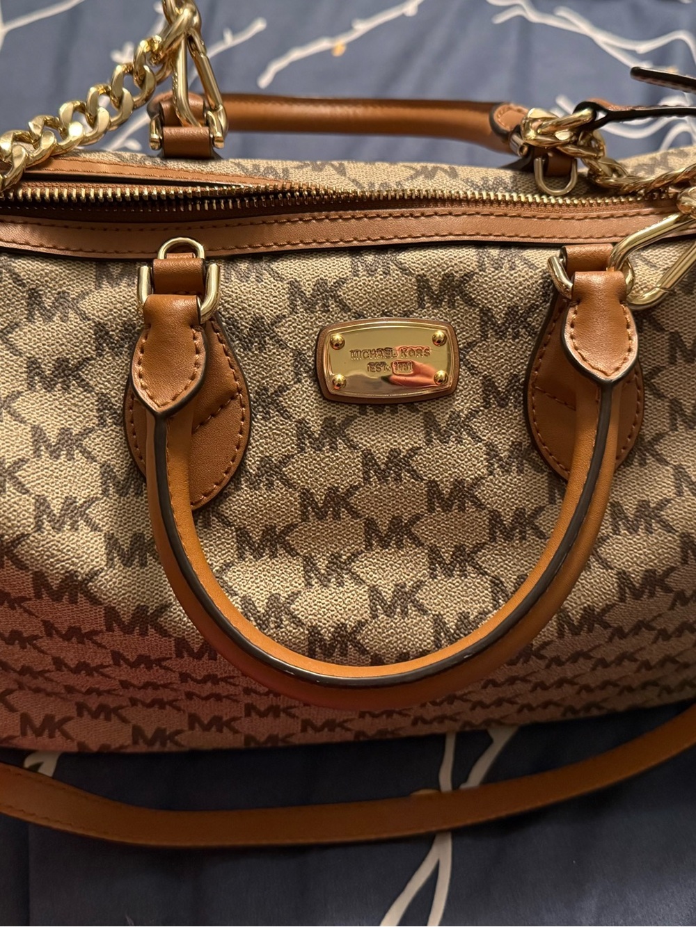 Michael Kors Beige/Brown Signature MK Satchel with Tan Trim - Picture 2 of 5